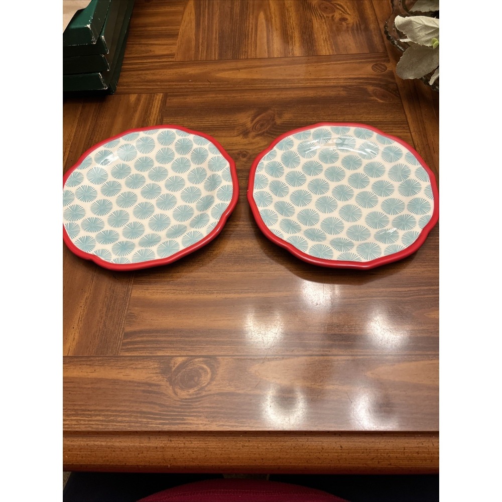 Lot 2 Pioneer Woman 8 1/2 Scalloped Red Rim Salad Plate